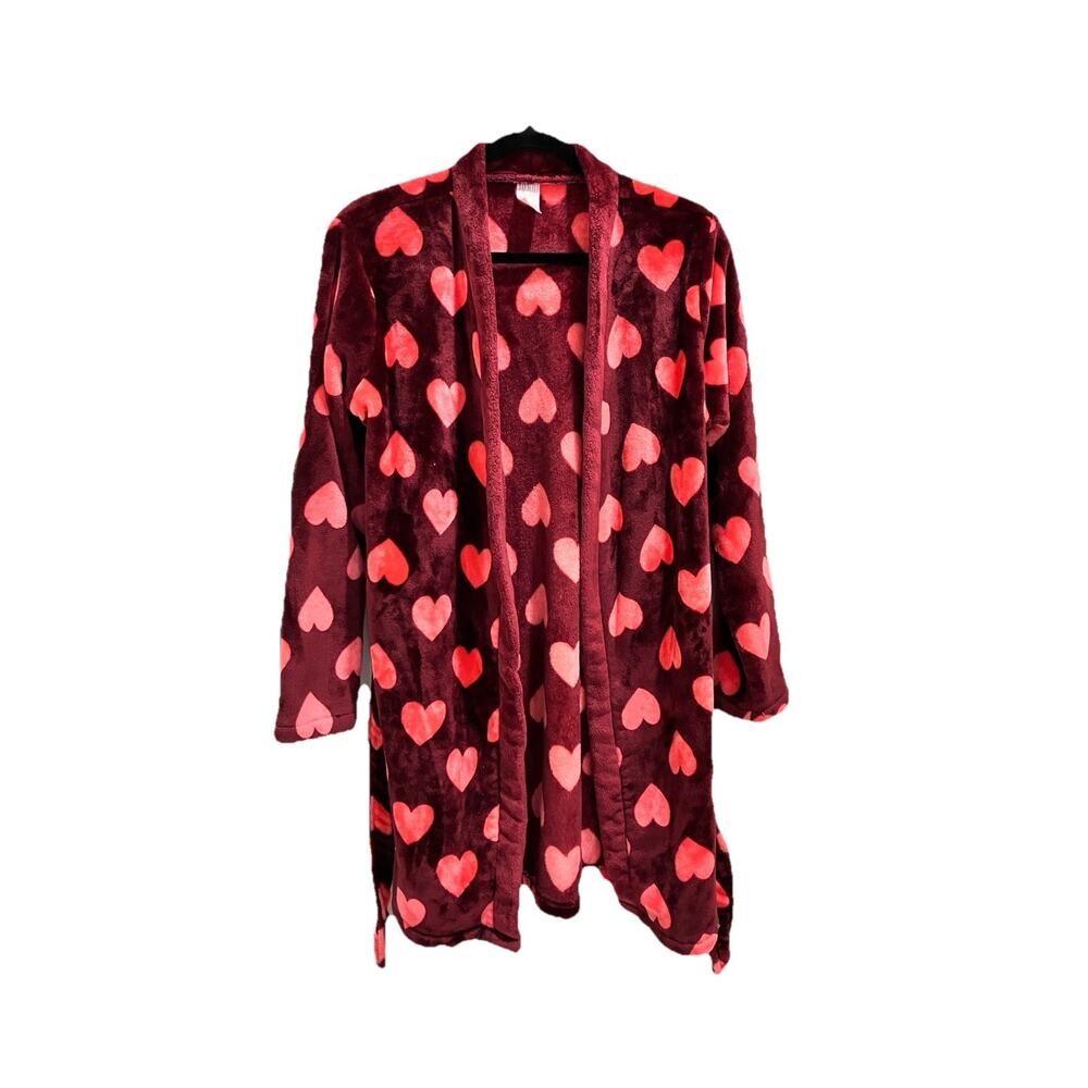 Women's Plush Soft And Warm Red Burgundy Short Bathrobe w/ Pink Hearts Sz M